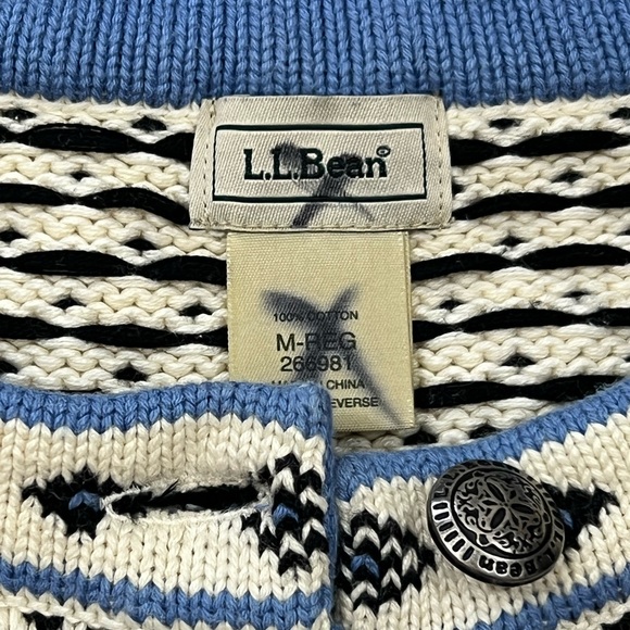LL BEAN Cotton Cardigan Fair Isle Snowflake Nordic Print Pewter Button - Picture 10 of 10